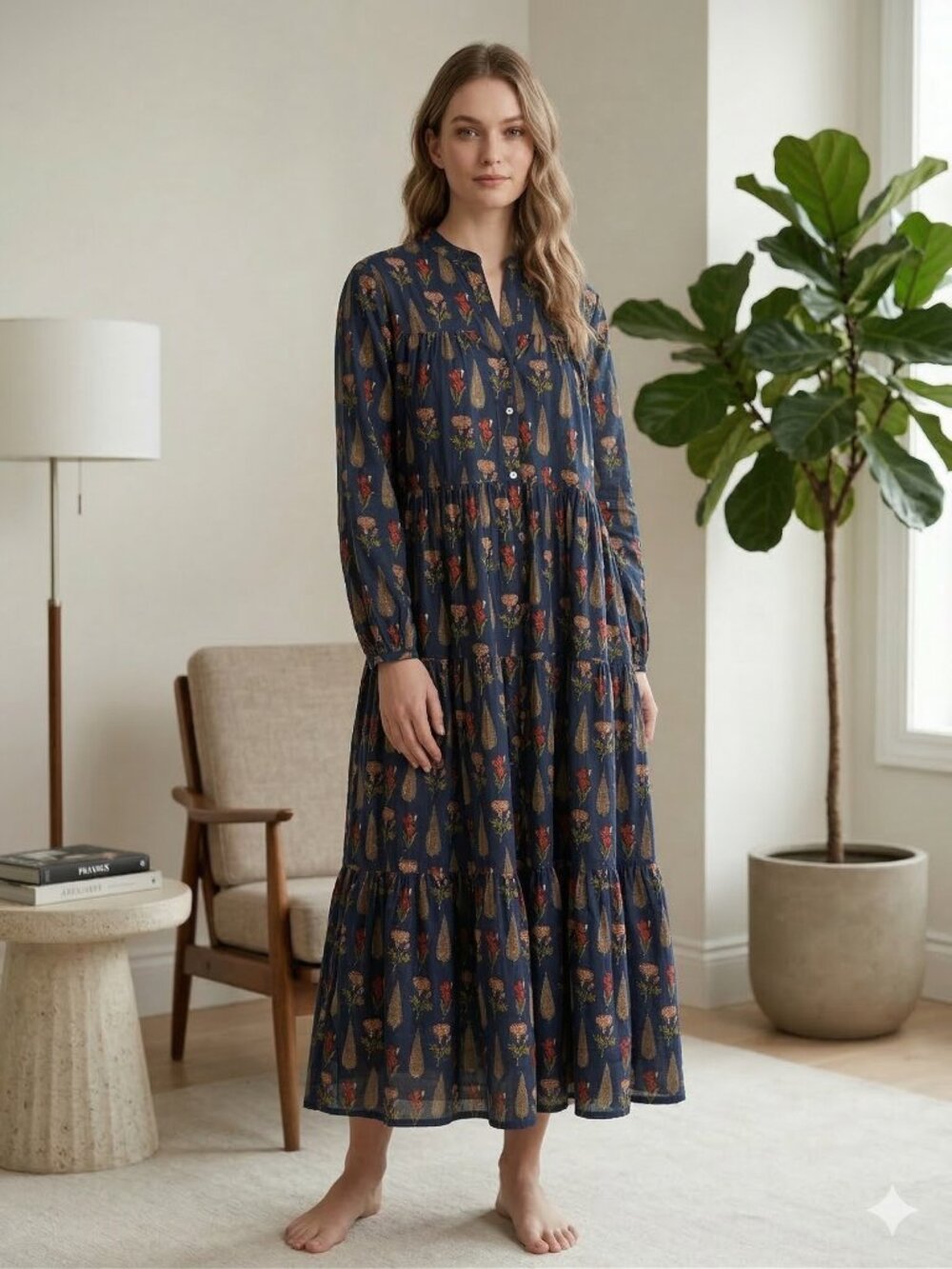 Indian Block Print Cotton Kyra Midi Summer Maxi Boho Maternity Dress for Women